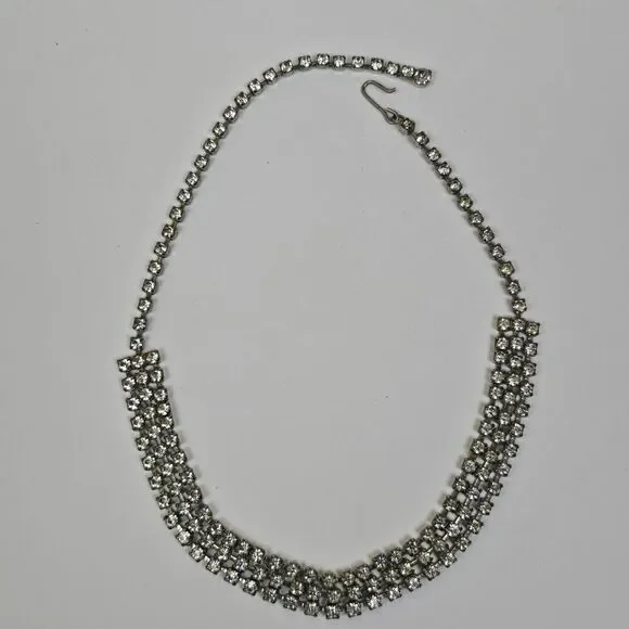 Vintage 3 Row Clear Crystal Rhinestone Collar Choker Necklace Retro 60s 15" Long - Picture 3 of 9